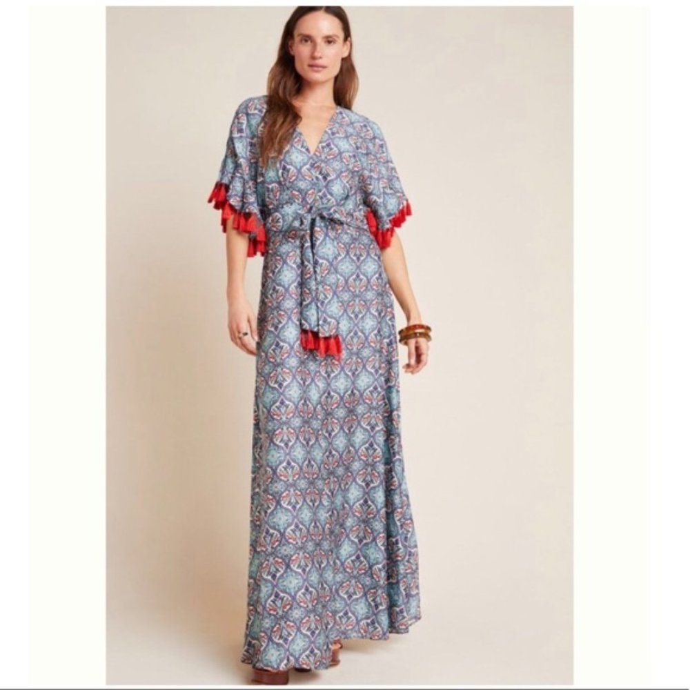 New Anthropologie Sachin & Babi Tasseled Maxi Dress Blue Print, Size 8